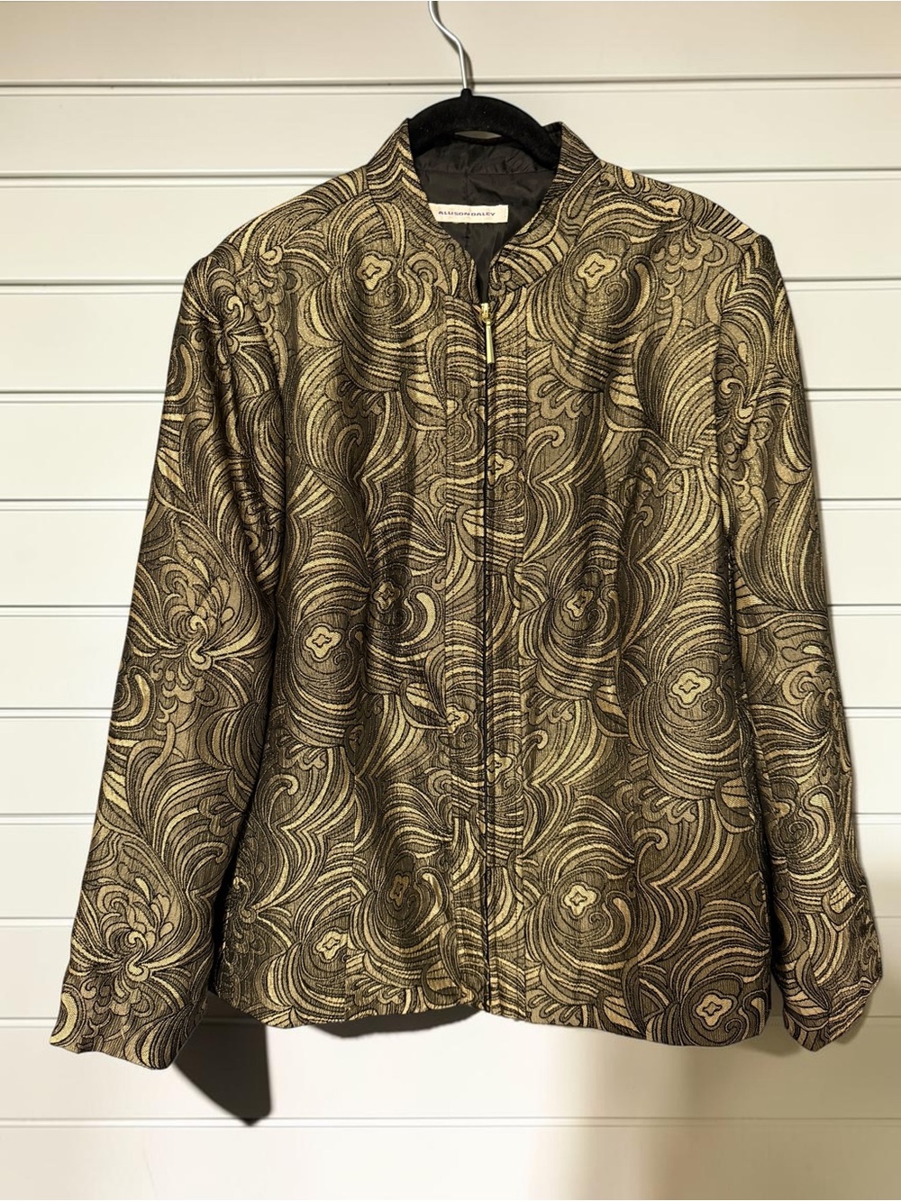 Allison Daley Black Gold Metallic Brocade Zip Jacket Baroque Holiday Party Glam